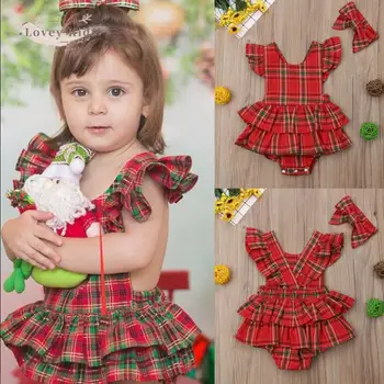 2020 Natal Bebê Roupas de Meninas Doce estampa Xadrez Bodysuits sem encosto Plissado Natal 2PCS com Cabeça de Festa Traje 0-24M