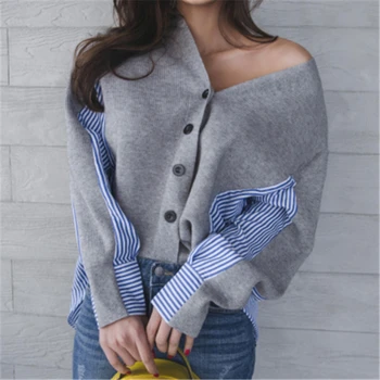 2020 Outono Nova colcha de Retalhos Camisa de Costura Casaquinho de Malha Listrado Elegante Single-breasted das Mulheres V-neck Sweater Casaco