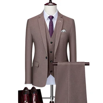 2022 de Moda de Nova empresa, masculina Casual Boutique Cor Sólida 3 Pcs Ternos Casaco Calças Colete Set / Masculino Negócio de Casamento do Noivo Blazers de Lã
