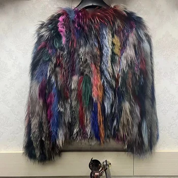 2022 Moda de Luxo Real Guaxinim Cachorro de Pêlo Mulheres Casacos de Inverno Quente Mulheres Frio de casaco Feito à Mão Cor de Correspondência de Streetwear Hipster