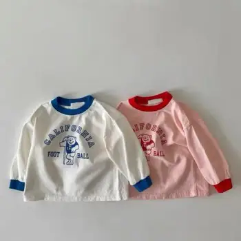 2022 Primavera Novo Bebê Manga Longa Camiseta Urso Bonito Impressão Meninos T-Shirt De Algodão Infantil Dos Desenhos Animados De Camisa De T De Crianças Assentamento Tops