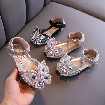 2022 Primavera Verão Meninas Flats Crianças Sapatos de Vestido para Festa de Casamento de Borboleta com Strass Bling Crianças Princesa Sapatos Doce