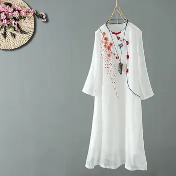2022 Primavera Vestido Novo Estilo de Chapa de Fivela Chinês Bordado Melhorado Zen Chiffon Chá Terno de Médio e Longo Retro Fairy Dress