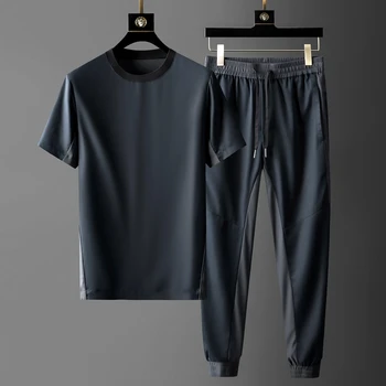 2022 Splicing Design Mens Define (t-shirt+calça) de Luxo de Manga Curta Ventilar Fino Masculino Treino de Moda Slim Esporte Homem Conjuntos