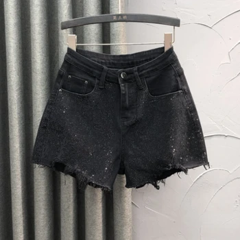 2022 Verão Novo Cintura Alta Preto Shorts Jeans feminina Moda de pedra de Strass de Matérias Bainha Ampla Pernas Hot Pants Rua