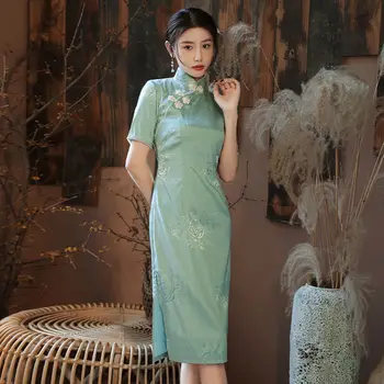 2023 melhorado Chinês qipao longo impresso vestido cheongsam para as mulheres de manga curta, sexy, elegante festa diário casual qipao vestido a398