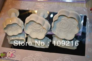 3pcs/set Rose Forma de Plástico de qualidade Alimentar Bolo de Biscoito Cookies de Decoração Fondant Mola Êmbolo Cortador de Ferramentas