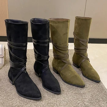 Alta Outono Ocidental Chelsea Boots Para As Mulheres Gladiador 2022 Novas Senhoras De Meados De-Vitela Moderno Botas Apontou Toe De Moda Feminina De Sapatos