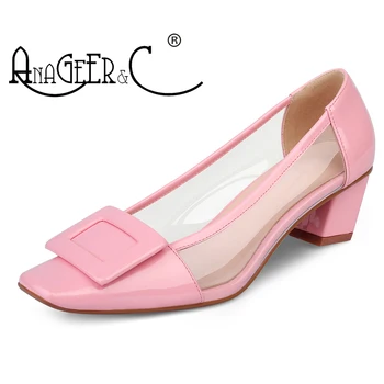 ANAGEER&C de pés Quadrados de Couro de Patente Transparente Chunky Calcanhar, Meio de Calcanhar Praça Fixador de Moda Elegante de Senhoras Sapatos Casuais