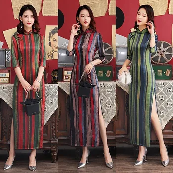As Mulheres Chinesas Melhoria De Camada Dupla Longo Cheongsam Diário Passarela Trajes De Três Quartos Manga Do Vestido Da Menina Moderna Qipao Платье