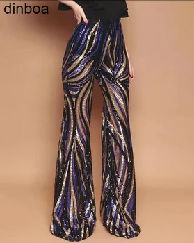 Calças da Moda para as Mulheres 2022glitter Cintura Alta Bell-fundo Colorblock Listrada de Paetês Calças Y2k Calças Casuais Europa América