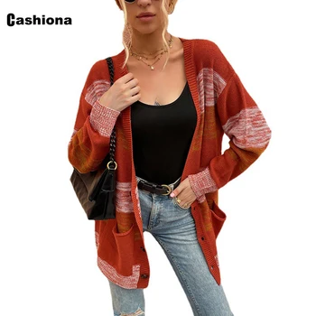 Cashiona 2021 Outono Mulheres Solta Blusas De Malha Femme Patchwork Tops Streetwear Senhoras Stand Bolso Da Camisola Longa Cardigans