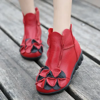 Couro Genuíno Flor Vermelha Ankle Boots Estilo Étnico Feminino Cunhas De Sapatos De Senhoras Retro Outono Inverno Artesanal Sapatos Botas