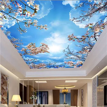 Céu azul Nuvem Branca Flor de Cerejeira Teto papel de Parede Sala Quarto Estrela 3D Mural do Teto papel de Parede Personalizado de Parede Simples