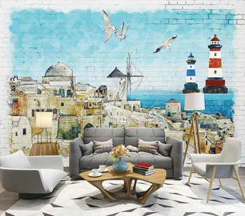 Decorativos, papel de parede pintados a Mão cidade costeira de fundo, pintura de parede