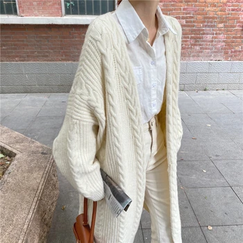 Doce Blusas Brancas Retro Mulheres Chiques De Malha Casual Sólido Outono Cardigans Coreano Engrossar Longo Feminino Tops Macio Malhas 2021