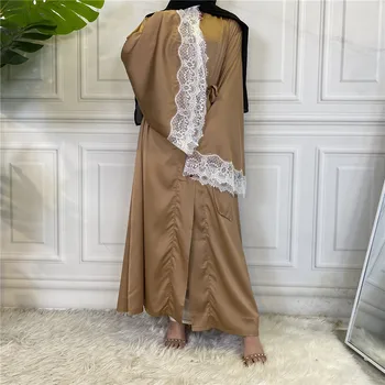 Dubai Abrir Abaya De Cetim Lace Longo Vestido Maxi Hijab Muçulmano Casaquinho De Mulheres Da Turquia Quimono Kaftan Robe Vestido De Caftan De Vestuário Islâmico