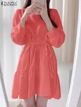 Elegante Manga Longa Vestido Mini ZANZEA Moda Bandage Vestido Curto Mulheres de Pescoço Quadrado Vestes Elegantes coreano Camadas de Pregas Vestidos
