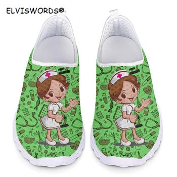 ELVISWORDS Elegante Verde Enfermeira Padrão de Senhoras Flats, Sapatilhas Primavera Sapatos Confortáveis para as Mulheres Super Leve Zapatos de Mulher