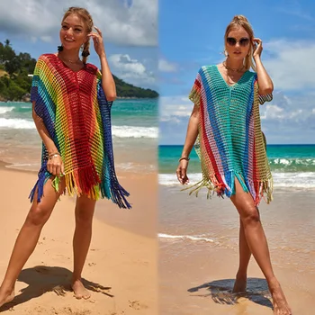 Europeus e Americanos Nova Malha arco-íris Blusa Maiô Mulheres de Verão, Férias à beira-Mar Protetor solar Camisa Sexy Protetor solar Blusa