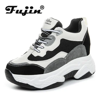 Fujin 9cm Plataforma Cunha Oculto Calcanhar Mulheres Sapatos de pedaços de Sapatilhas de Couro Genuíno Respirável Mulheres Casuais Sapatos de Tênis