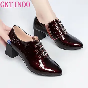 GKTINOO Sapatos femininos de Couro de Patente 2022 Outono Apontou Toe de Moda Meados de Saltos Brilhante Mulheres Bombas de Moda Único Sapatos Mulheres
