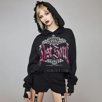 Gótico Estilo Escuro com Capuz Mulheres Guarnição do Laço Capuz Harajuku Impressão de Moletom Mulheres 2022 Moda Outono Mulher Streetwear