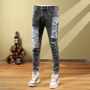 Homens de calças de Brim de Emenda Casual Calças Y2k Streetwear Jeans para Homens