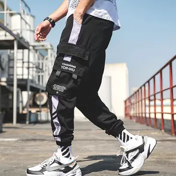Homens De Carga Calça Frouxa Hip Hop Corredores De Streetwear Leve Vários Bolsos De Calças De Harém Masculino De Verão De Calças Pretas