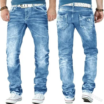 Homens De Moda Jeans Casual Tamanho Grande Branqueada Rasgado Meados De Cintura Solta Rua Tendência Reta Longa Jeans
