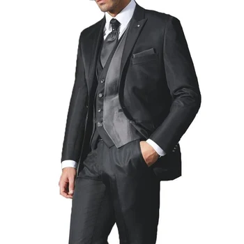 Homens de um clique preto noivo smoking lapela pico de homens de terno 3-peça terno de casamento/formatura/jantar paletó (casaco + calça + colete)