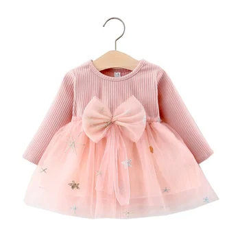 Infantil Baby Girl Dress 2021 Primavera, Outono Novo Arco de Malha, Vestidos de Princesa para recém-nascidos de Manga Longa de Algodão, Roupas de Crianças