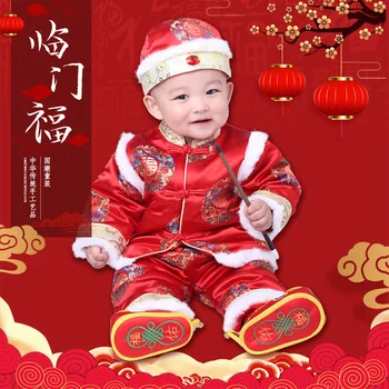 Inverno Menino Menina Bebê De Um Ano De Idade Tang Terno Engrossado Bebê De Presente De Aniversário Ano Novo Hanfu Terno Bordado Casaco + Calças + Chapéu