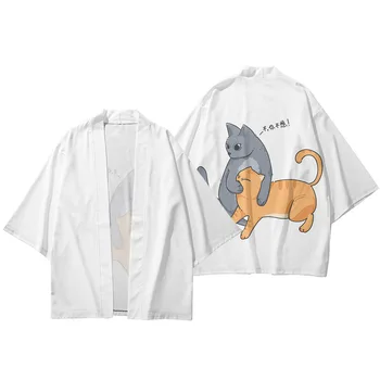 Japonês Haori Yukata Streetwear De Desenhos Animados Gato Bonito Impresso Branco Tradicional Quimono De Cosplay Cardigan Mulheres Homens Camisas