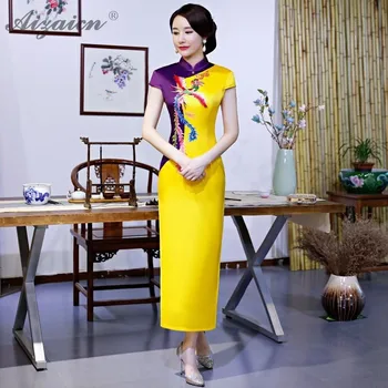 Longo Amarelo Cheongsam Mulheres Chinês Tradicional Vestido De Noiva Moderno Oriental Vestido De Noite A China Qipao Estilo Asiático Vestidos