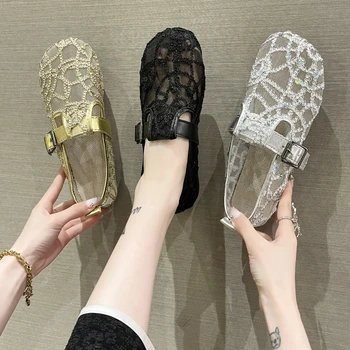 Malha respirável sapatilha de balé sapatos rasos boca sapatos de 2022, todos coincidem em malha macia com sola de sapatos de conforto mãe sapatos