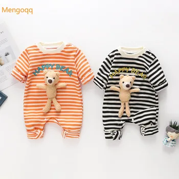 Mengoqq Outono Primavera Bebê Recém-nascido Listrado Letra 3D Urso Boneca Roupas de Bebê Crianças Meninas Meninos Macacões de Romper 0-24M