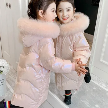 Meninas de Moda para Baixo do Casaco comprimento Médio com Capuz Casaco de Inverno Snowsuit Adolescentes Engrossado Quente Grande Gola de Pele de Algodão Roupa de 4 a 12 Anos