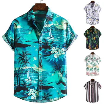 Mens Moda Camisa Havaiana Étnica Impressão Casual Manga Curta Blusa Praia Camisa De Verão, Roupas De Homens Camisas De Hombre