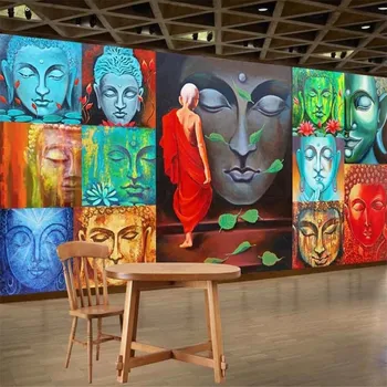 Milofi personalizados em 3D papel de parede mural pintado a mão de Buda cabeça de Buda cabeça de Buda na parede do fundo para a sala de decoração do quarto