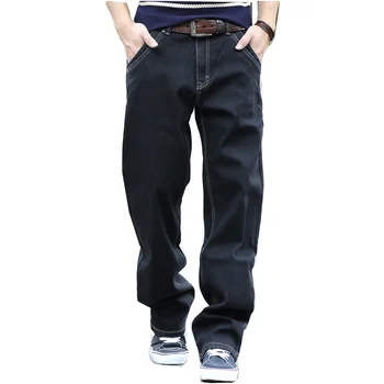 Moda solta homens de grande perna de jeans, calças de hip-hop e streetwear jeans tamanho grande soltas reta casual preto calças de jogging