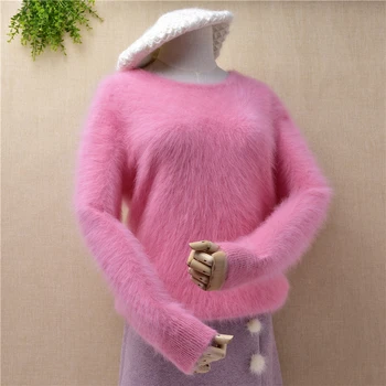 mulheres de camisola cor-de-ROSA doce inverno em vison com estampa de cashmere puro macio coelho angorá pele feito o pescoço magro blusas pulôveres