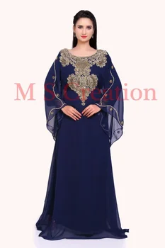 Mulheres De Vestido Longo Moroccon Nave Azul Georgette Dubai Abaya Farasha Kaftan Longo Vestido