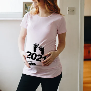 Mulheres grávidas Verão T-shirts Maternidade Senhoras Roupas 2022 Moda de Nova Carta de Impressão Pegada Tees Gravidez, pré-natal, Roupas