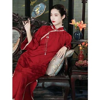 Mulheres Melhorou Cheongsam Vintage 2022 Nova Moda Elegante Menina Cheongsam Estilo Chinês Vermelho Stand Colarinho Qipao De Noiva, Vestido De Brinde
