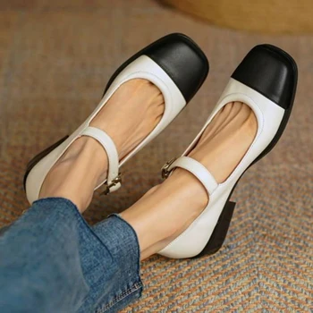Mulheres Sapatas Ocasionais de Outono Cores Misturadas Mary Jane Shoes Dedo do pé Quadrado Pulseira de Fivela Senhoras Flats Slip-on Sapatos Femininos