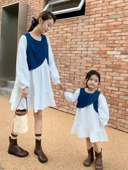 Mãe e Filha Estilo coreano Colete Jeans Vestido de 2 peças do Conjunto de Meninas Primavera Vestido Novo