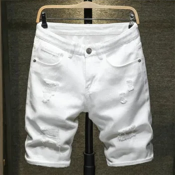 Novo jean shorts de verão, versão coreana de homens pequenos reta calças popular da juventude cor pura e simples de cinco pontos quebrado jean shorts