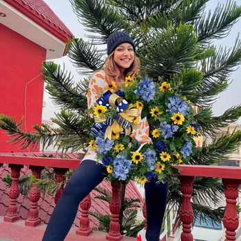 O amarelo e o Azul de Verão, Coroa de flores Ucrânia Bandeira de Girassol Porta da Frente Coroa Festival Festa Decoração para a Casa da Varanda de uma Fazenda a Porta