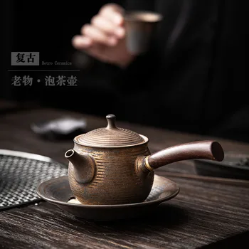 O Estilo Japonês De Cerâmica Grosseira Bule De Chá Dourado Esmalte Punho De Madeira Do Lado Lidar Pote Criativo Chá Identificador De Dispositivo Pote De Kung Fu T